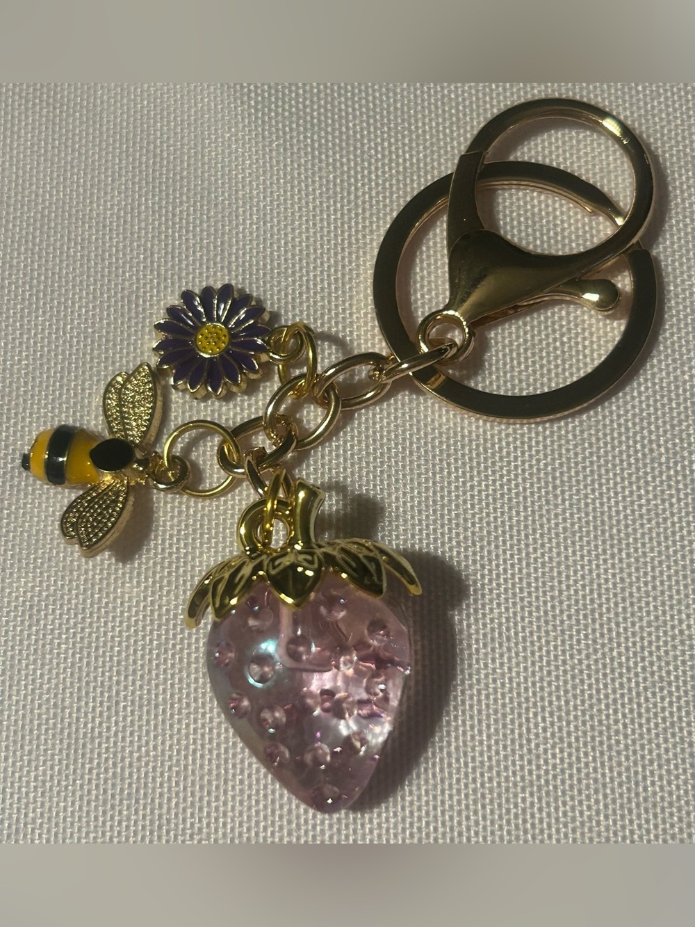 Gold-Tone Strawberry Keychain/Purse Charm with Bee & Purple Daisy Charms